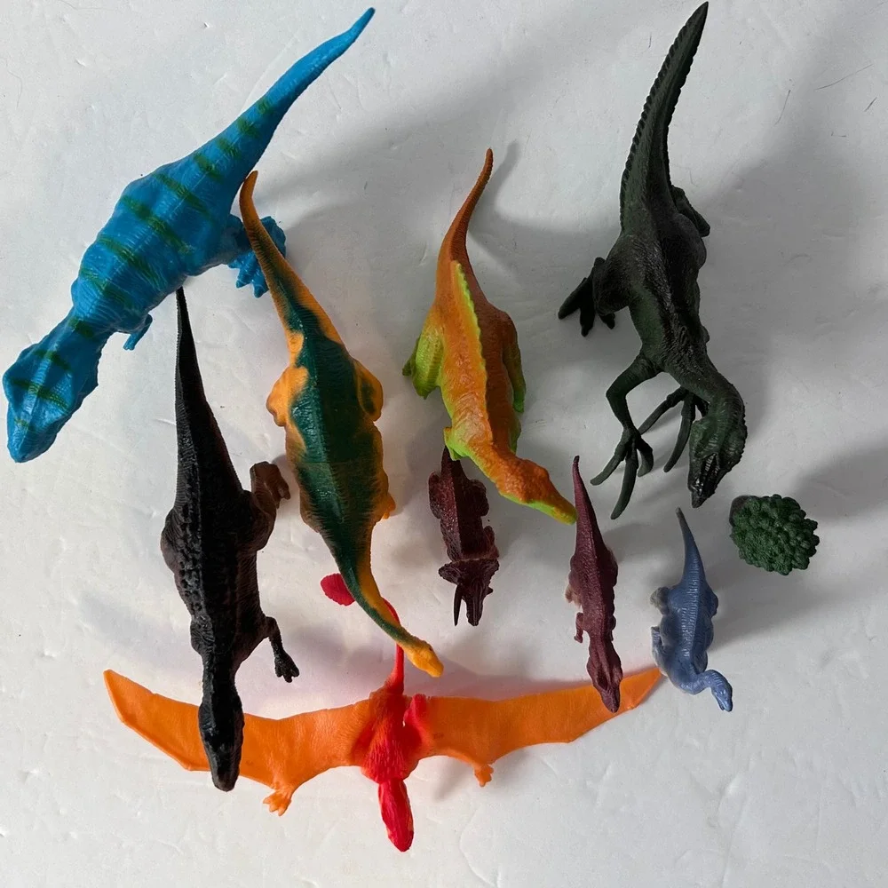 UsedAssorted Plastic Dinosaur Figures Lot of 9 with Tree Toy Prehistoric Animals
